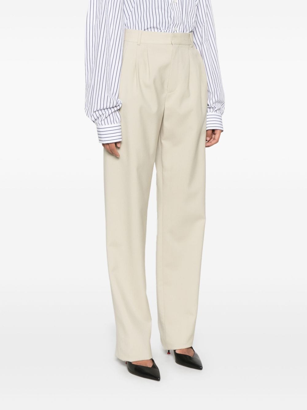 Saint Laurent Trousers 40 Saint Laurent Straight Leg Pants Saint Laurent Beige High-Waisted Wool Trousers with Pleats Brand