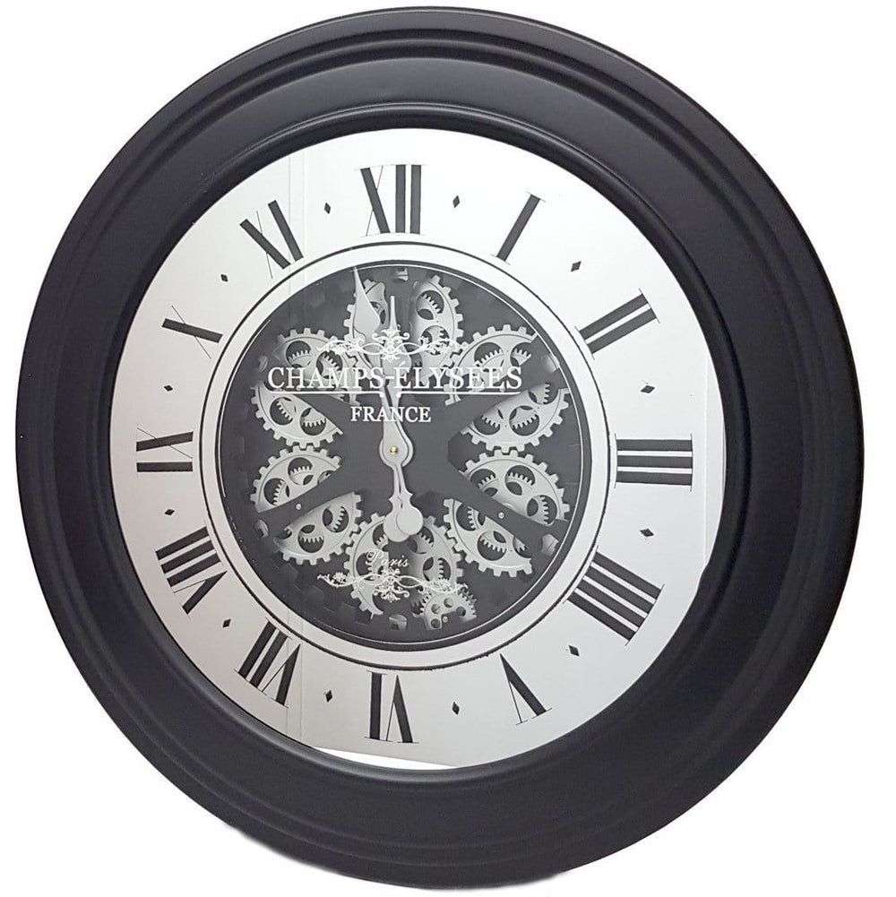 Chilli Wall Clock Miro' Round 80cm French Mirrored Moving Cogs Wall Clock - Black W/Silver Brand