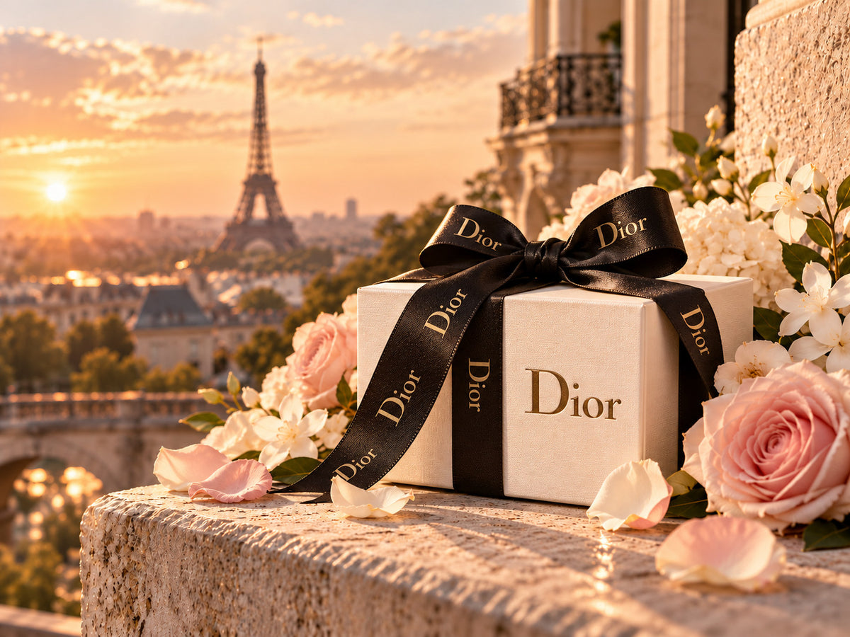 Dior inspired fragrance gift presentation at sunset