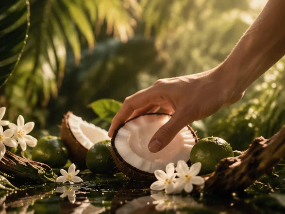 Le Beau fragrance mood: coconut, green citrus and white blossoms in a tropical setting, editorial illustration